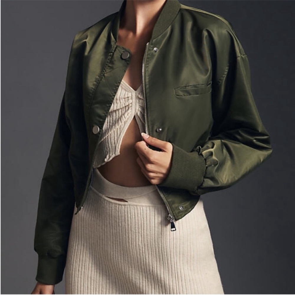 Anthropologie Pilcro Cropped Bomber Jacket Women’s XXS Green Teens zip/snap EUC